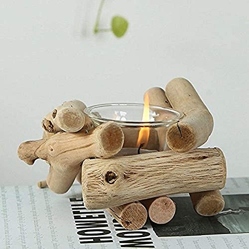 Wooden Tea Light Candle Holder Set with Glass Cups - Rustic Coastal Style, Pack of 3