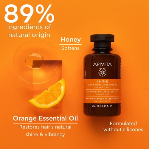 Apivita Shine Shampoo - Revitalizing Formula with Orange & Honey, Silicone-Free, 250 mL / 8.45 oz