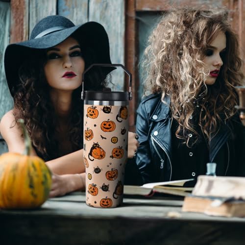 Halloween Black Cat Pumpkin Tumbler with Lid & Straw 30oz - Spooky Fall Gift