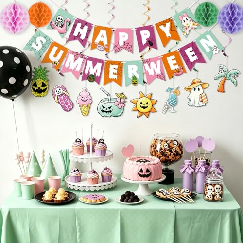 Summer Halloween Party Decorations Set - Banner, Swirls & Honeycomb Balls