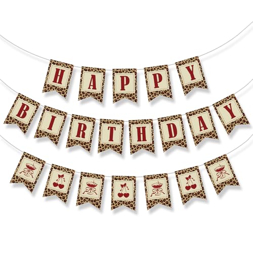 Cheetah Print Linen Birthday Banner with Cherry Accents - Party Decorations Set