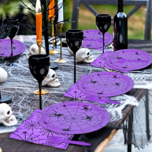 Purple Halloween Spider Web Disposable Dinnerware Set for 24 Guests