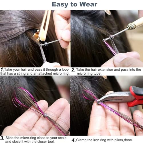 Rose Red Glitter Hair Tinsel Kit for Girls - 47 Inch Long Extensions with Tools