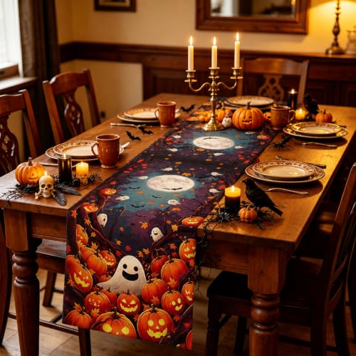 Halloween Table Runner 13x72 Inches with Pumpkins and Ghosts - Fall Autumn Decor