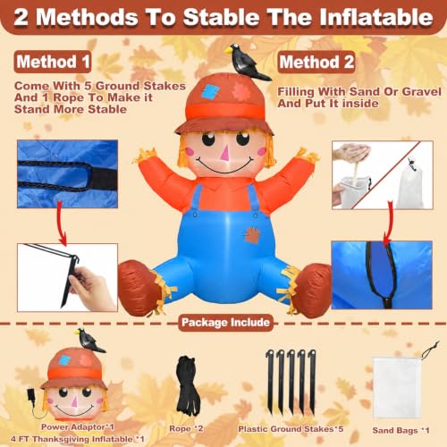 4FT Fall Thanksgiving Inflatable with LED Lights - Scarecrow & Crow Decoration