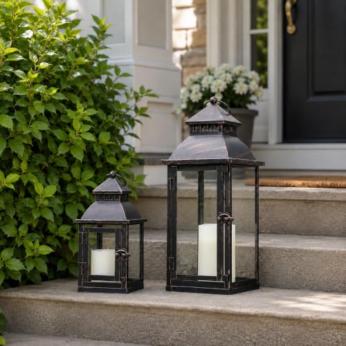 Large Bronze Metal Lanterns Set of 2 with Glass for Indoor Outdoor Decor - 17" & 11" Variation