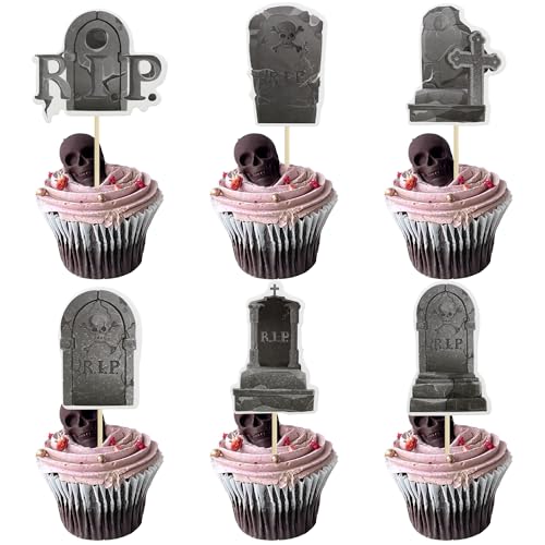 Halloween Cupcake Toppers and Dessert Spoons Set - Tombstone Graveyard Decorations for Parties