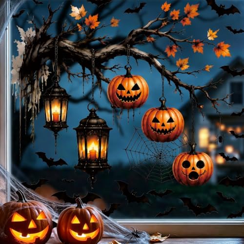 Halloween Pumpkin Window Clings Spooky Bat Spider Web Decor - Variation 1279