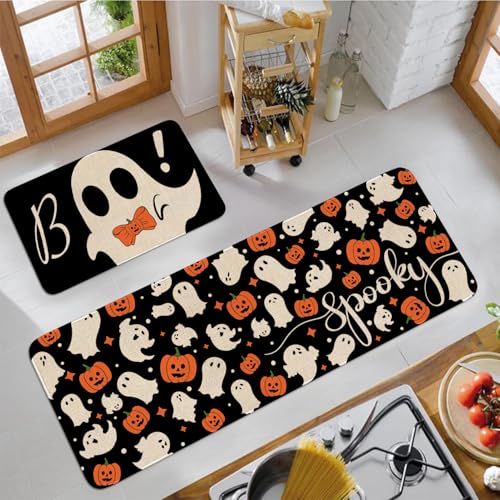 Halloween Ghost Kitchen Rugs Set of 2 - Spooky Floor Mat & Runner, Ghost Boo Variation