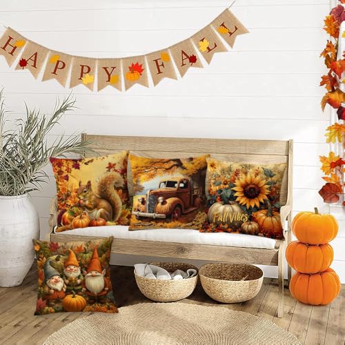Set of 4 Fall Pumpkin and Sunflower Pillow Covers 22x22 Inches - Autumn Thanksgiving Decor