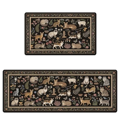 Anti-Fatigue Cat Kitchen Rug Mat Set - Vintage Black Non-Slip Waterproof Memory Foam