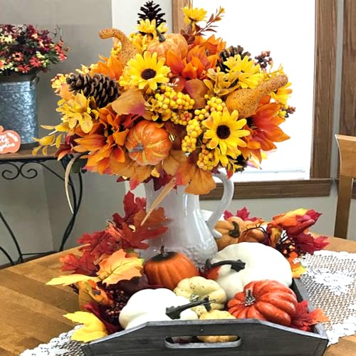 Artificial Fall Flowers Bouquet with Pumpkins and Pinecones - Silk Autumn Decor