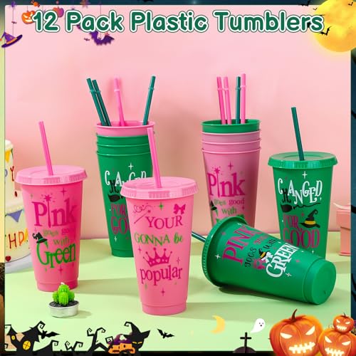 Pink and Green Plastic Cups with Lids and Straws - 12 Pack, 24 oz - Variation of Pink, Green / 12