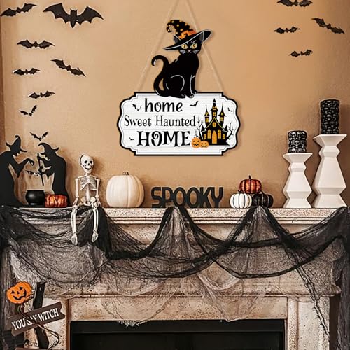 Large Black Cat Halloween Door Wreath Wooden Front Door Sign Haunted Home Decor