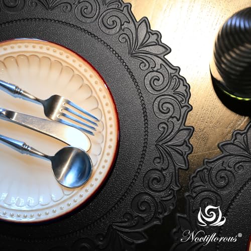 Round Faux Leather Placemats Set of 4 - Black Table Mats for Dining