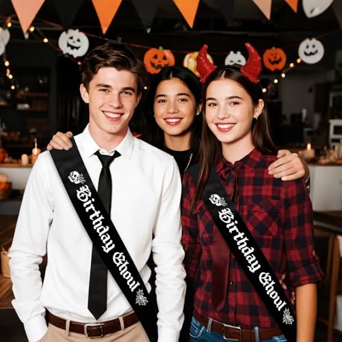 Black Birthday Ghoul Sash with White Glitter Letters - Halloween Party Decor