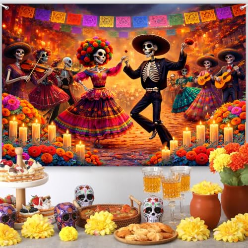 AIBIIN Day of the Dead Photo Backdrop Banner 6x3.6ft - Orange