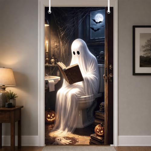 Halloween Door Cover Decorations - Ghost Bathroom Theme, 3x6 Ft - Funny Ghost Toilet Backdrop for Home & Office, Ghost Pumpkins Halloween Decor - Variation: Ghost Bathroom