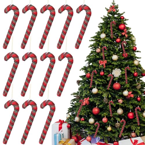 Red Plaid Candy Cane Christmas Tree Ornaments - Farmhouse Decor, 12 Pack