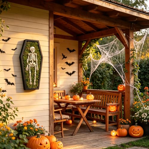 Halloween Skeleton Wall Art with Glowing Eyes - Black/White Full Body Skeleton Decor
