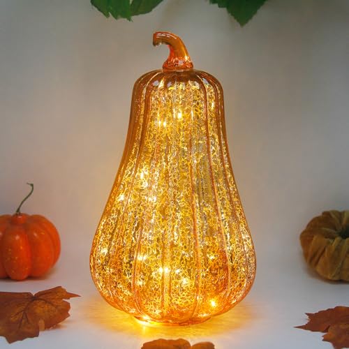 Mercury Glass Pumpkin Lights with Timer - Gold, 11 Inch Fall Halloween Decor