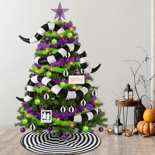 Halloween Tree Decor Skirt - 47 Inch Green Feather Boa & Black-White Sandworm Set