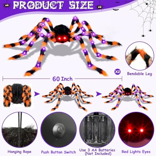 Outdoor Halloween Giant Spider Decorations 2 Pack - Orange and Black Light-Up Spiders with 8 Lighting Modes