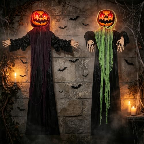 Halloween Hanging Pumpkin Men - 6ft Lighted Spooky Decor, 2-Pack