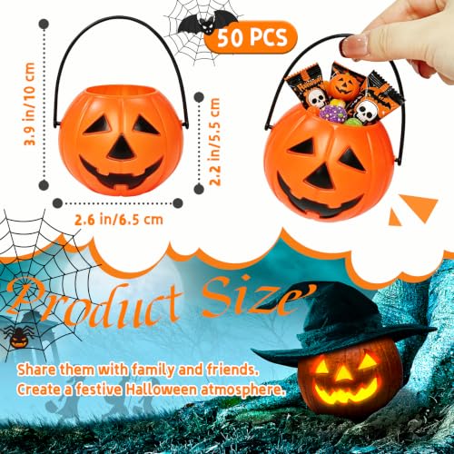 50 Pack Mini Portable Pumpkin Buckets for Halloween Candy - 2.6 Inch