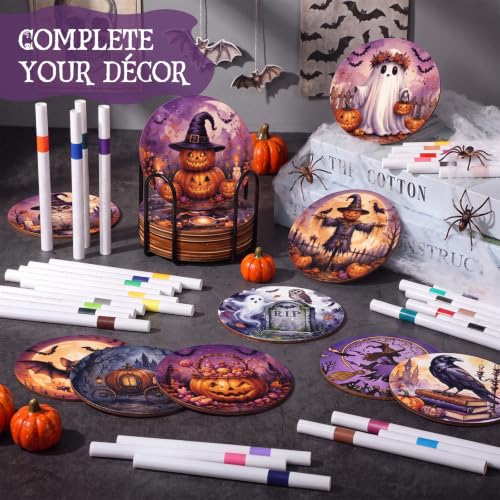 Halloween Wooden Coaster Painting Kit - 77 Pieces for Craft & Decor