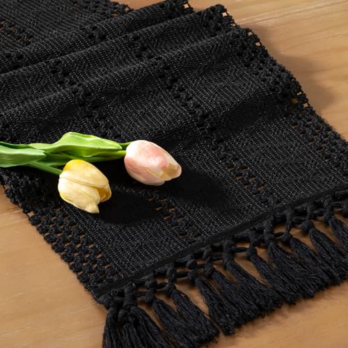 Boho Table Runner Fall Farmhouse Rustic Dresser Scarf - Black 12x36