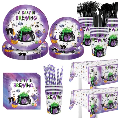 Halloween Baby Shower Party Plate and Tableware Set - 194 Pieces, Purple Theme
