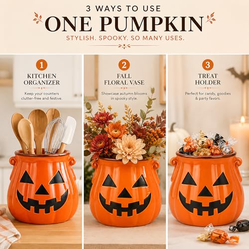 Halloween Ceramic Pumpkin Utensil Holder for Kitchen, Orange Candy Crock