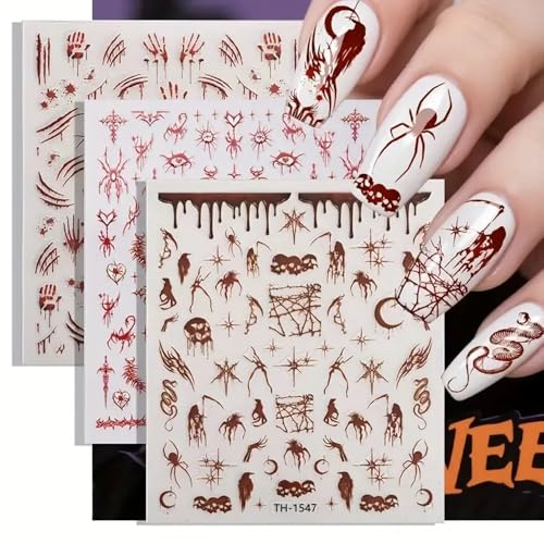 Halloween Nail Sticker Set - Dark Rose Spider, Pumpkin, Skull & Bat Decals Q2