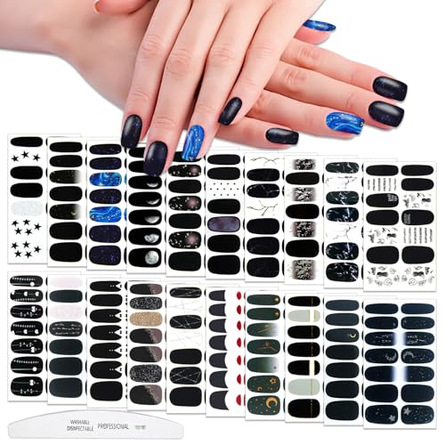 Self-Adhesive Black Nail Wraps Kit 2 - Punk Style Full Stickers for Nails, 20 Sheets, 280 Pieces
