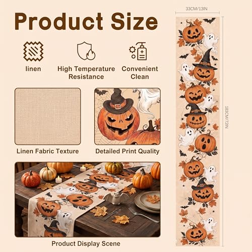 Halloween Pumpkin Ghost Fall Table Runner 13x72 Inch for Autumn Dining Decor - Variation of Pumpkin