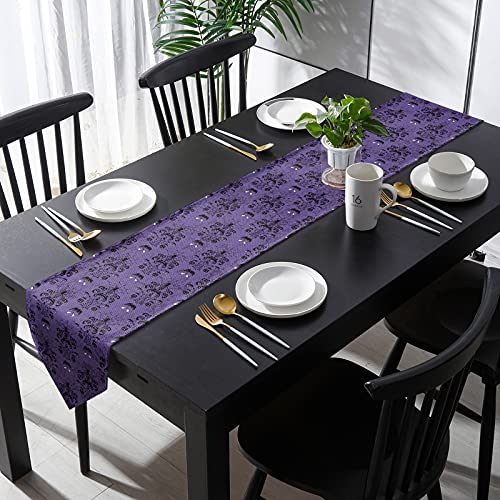 Halloween Black Spider Web Bat Table Runner - Cotton Linen, 13 x 36 Inches, Purple Variation