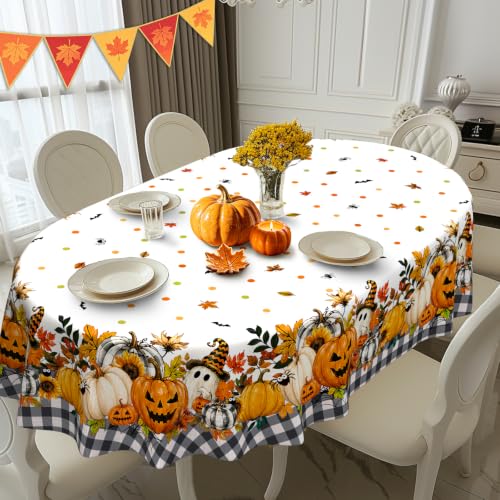 White Halloween Pumpkin Ghost Tablecloth - 84x60 Inch Oval Fall Decor