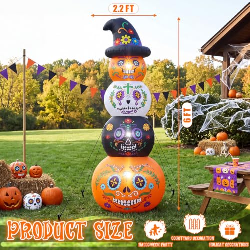 6ft Pumpkin Skull Stack Inflatable Halloween Yard Decor - Day of the Dead Style