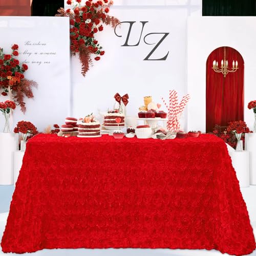 Red 90x156 Inch Satin Rosette Tablecloth - Floral Wedding Event Decor