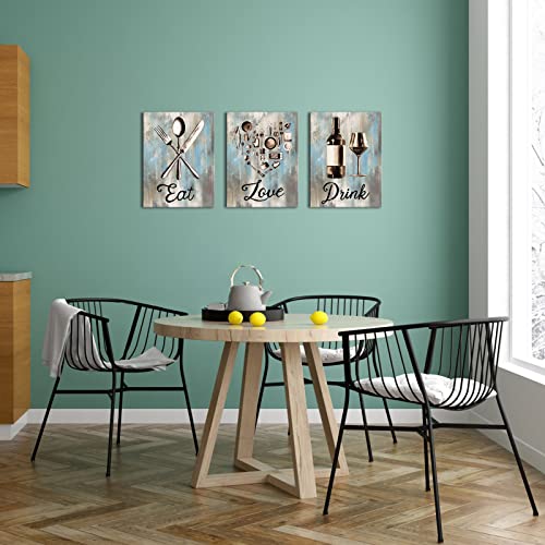Kitchen Wall Art Canvas Prints Set - Vintage Utensils Eat Love Drink Sign 12x16 Inch Trio
