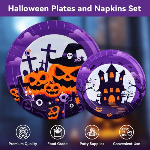 Halloween Paper Plates and Napkins Set - 150 Heavy Duty Disposable Party Supplies