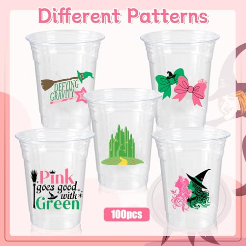 Pink Green Witch Theme Plastic Cups 12oz - 100pcs Disposable Party Drinkware