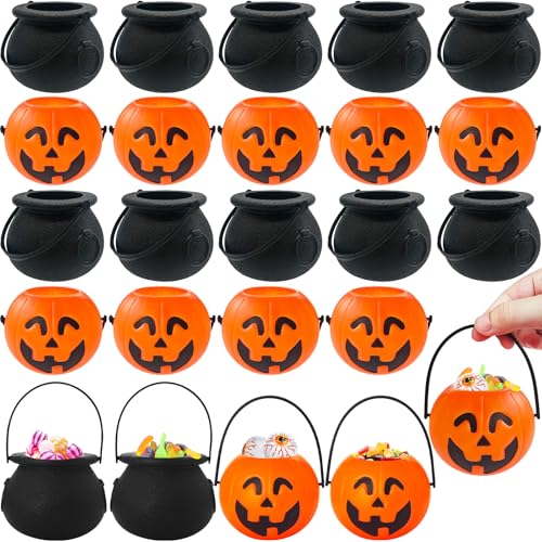24 Pcs Halloween Mini Candy Buckets & Cauldrons Set - Pumpkin & Witch Design