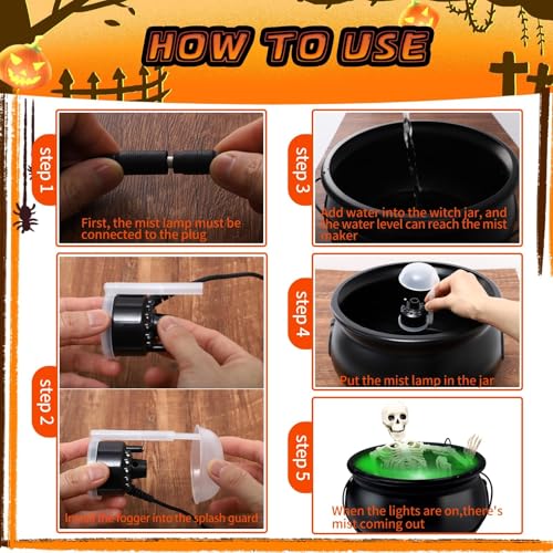 Large Green Halloween Witches Cauldron Diffuser with Skeleton & LED Fog Lights