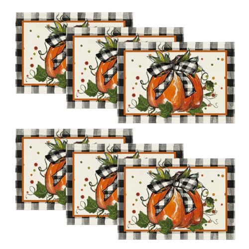 Pumpkin Buffalo Plaid Place Mats & Table Runner Set - Fall Decor 6 Pcs