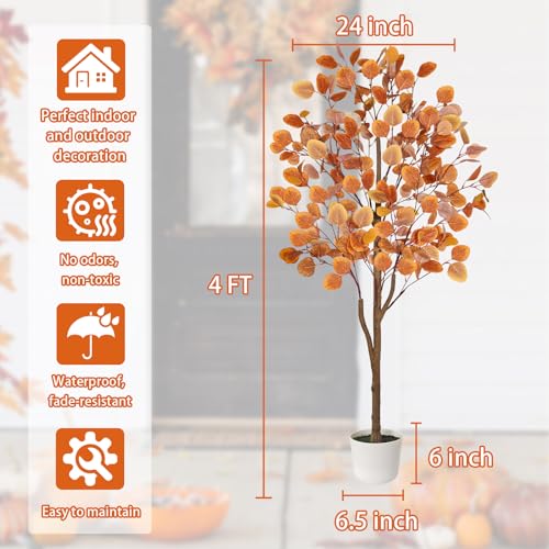 Artificial Eucalyptus Tree 4ft Fall Tree for Indoor Outdoor Porch Entryway - Orange Potted Fake Plants