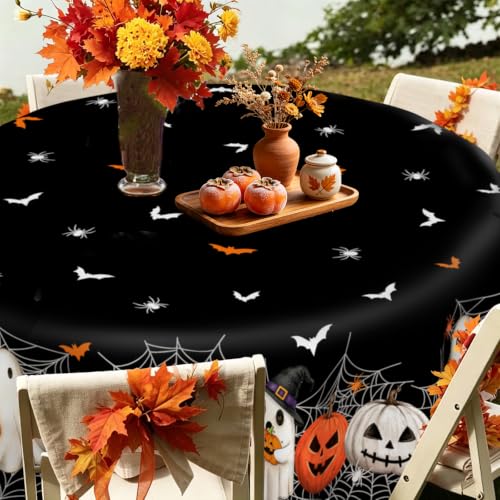 Black Halloween Pumpkin Ghost Tablecloth 60 Inch Round Home Decor