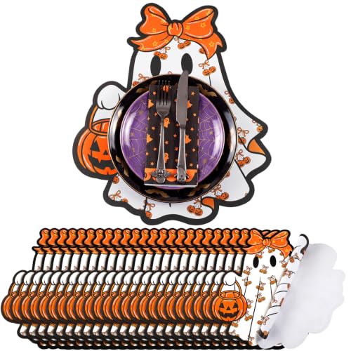 Halloween Ghost Paper Placemat Set - 50 Disposable Orange Pumpkin Table Mats with Bow - Ghost Theme Party Decor