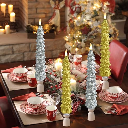 Silver Flameless Christmas Tree Candles Set with Remote & Timer - Real Wax, 9.8 Inch, 2 Pack